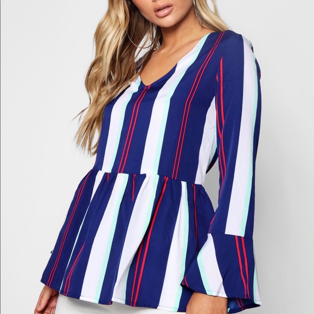 NWT boohoo Stripe Flute Sleeve Peplum Wrap Top